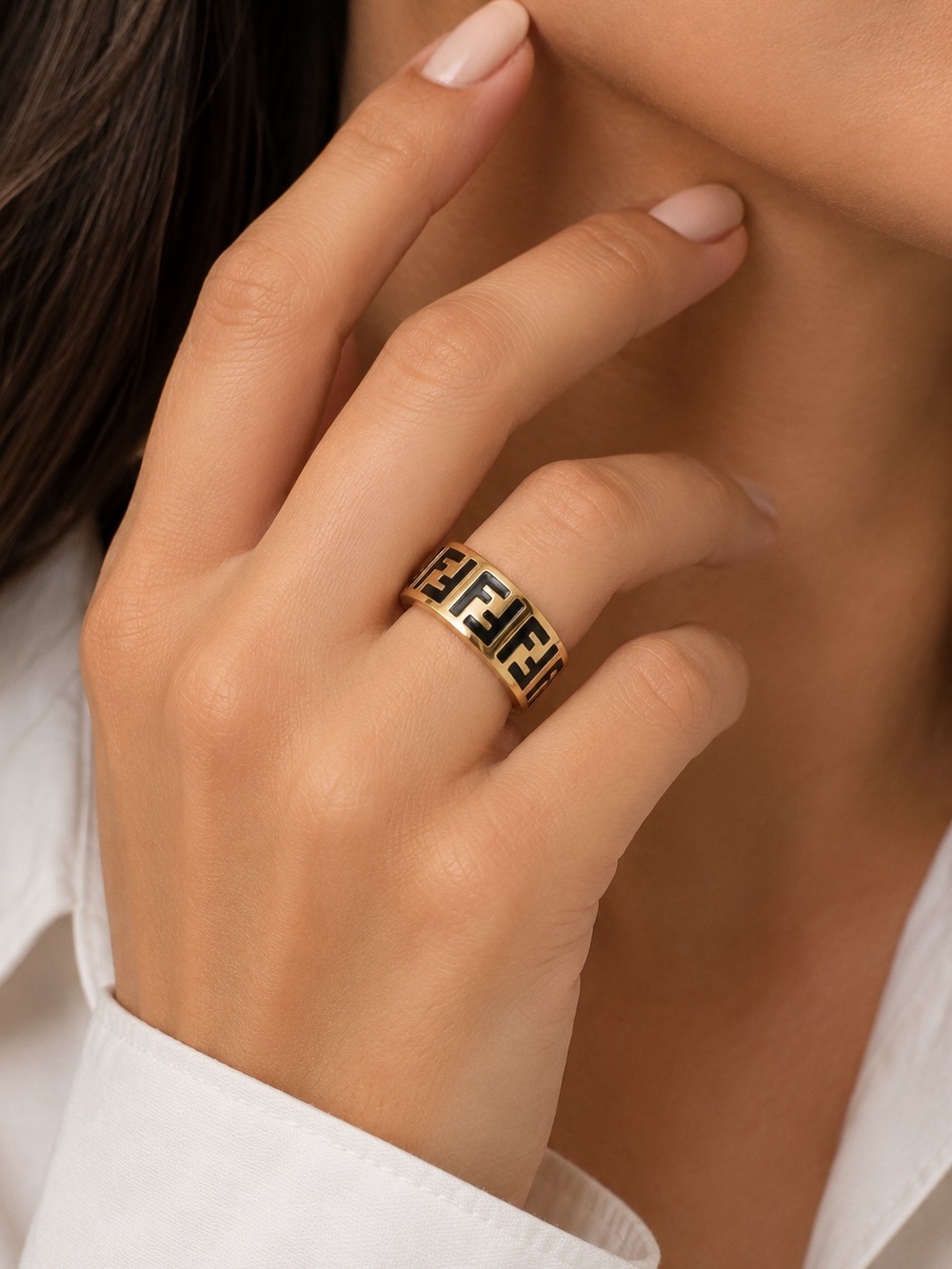 Fendi Forever Fendi Gold-Tone Ring with Black Logo Inlay